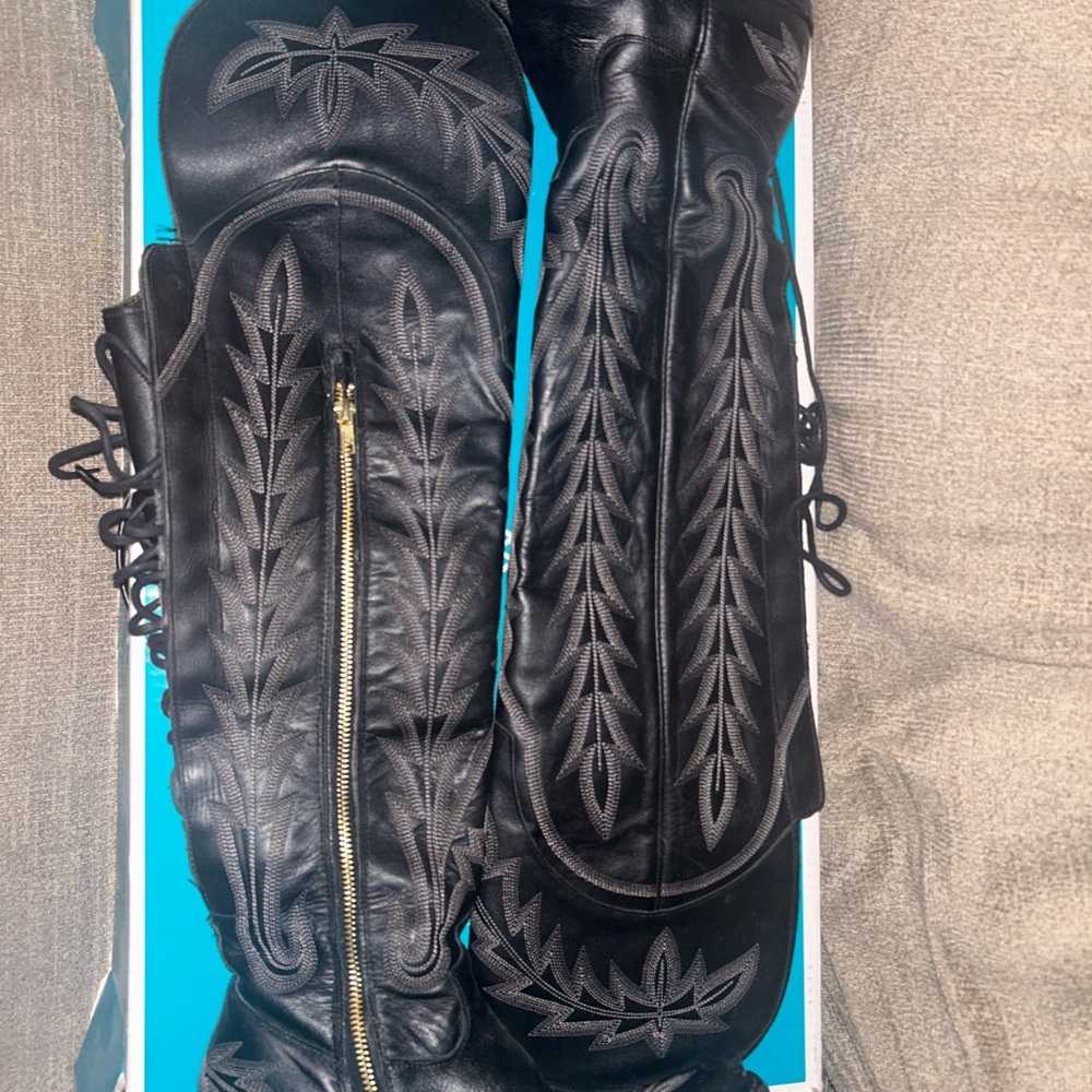 Black Embroidered Tall Boots - Picture 2 of 4